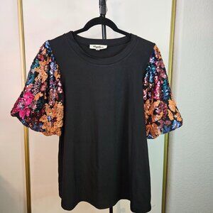 Women's Black Floral Sequin Puff Sleeve Evening Top Size M